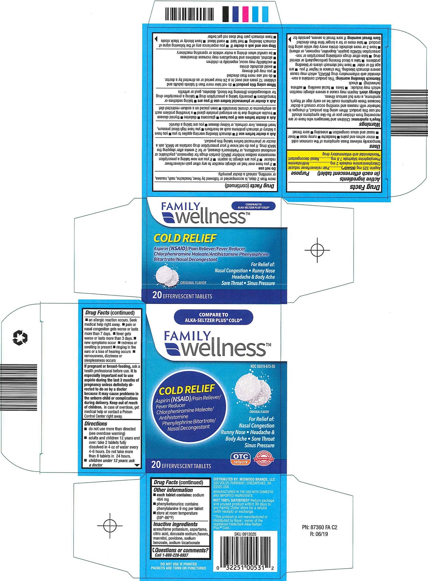 NDC 55319 873 Family Wellness Effervescent Cold Relief Original Aspirin 